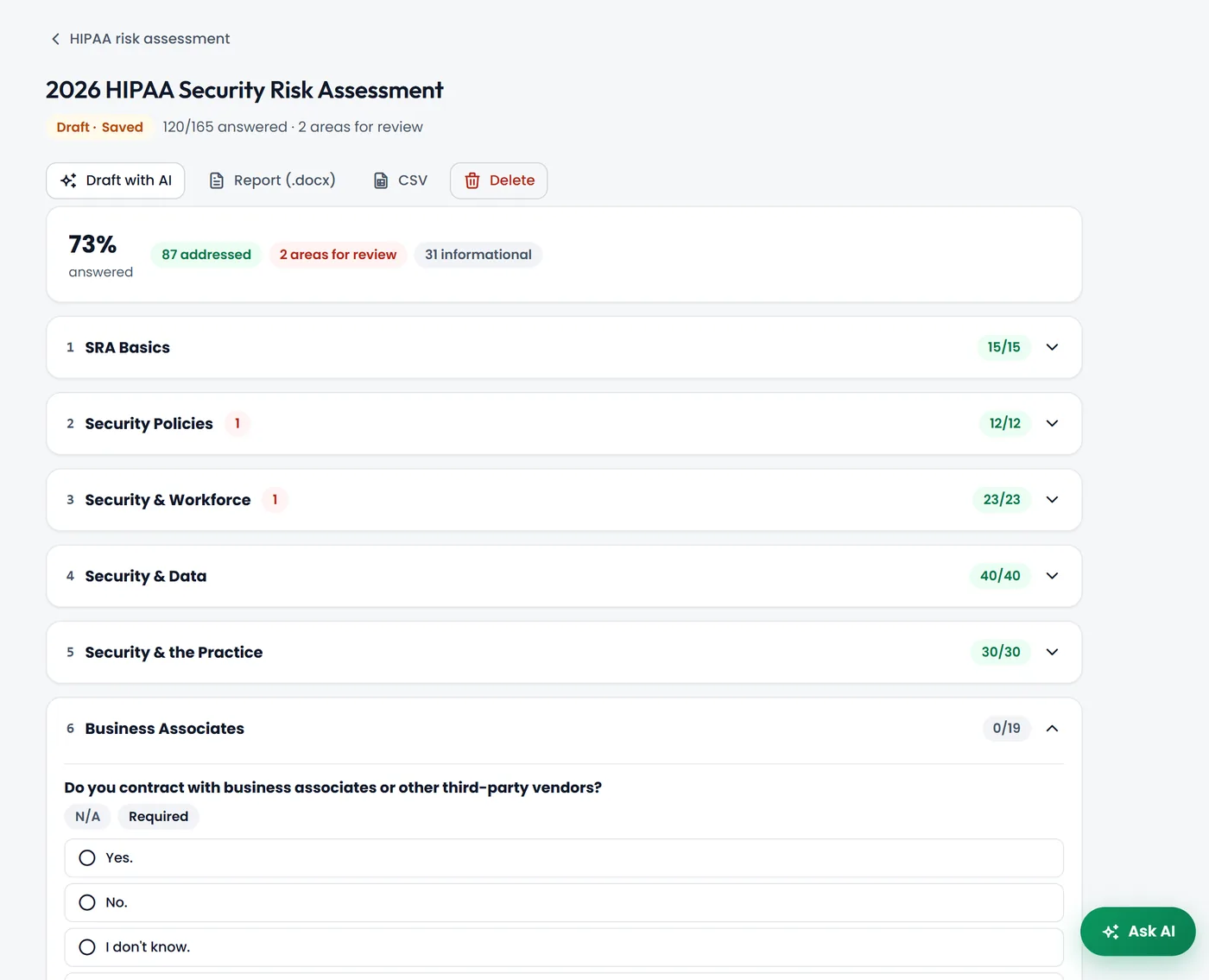 HIPAA Security Risk Assessment with AI-drafted answers and citations