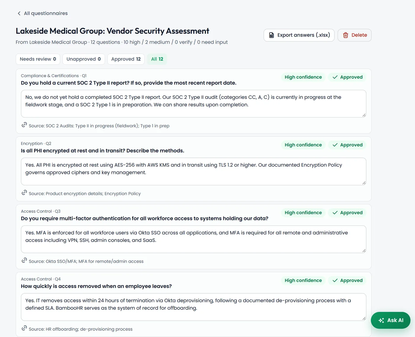 Customer security questionnaire answered by AI with confidence levels