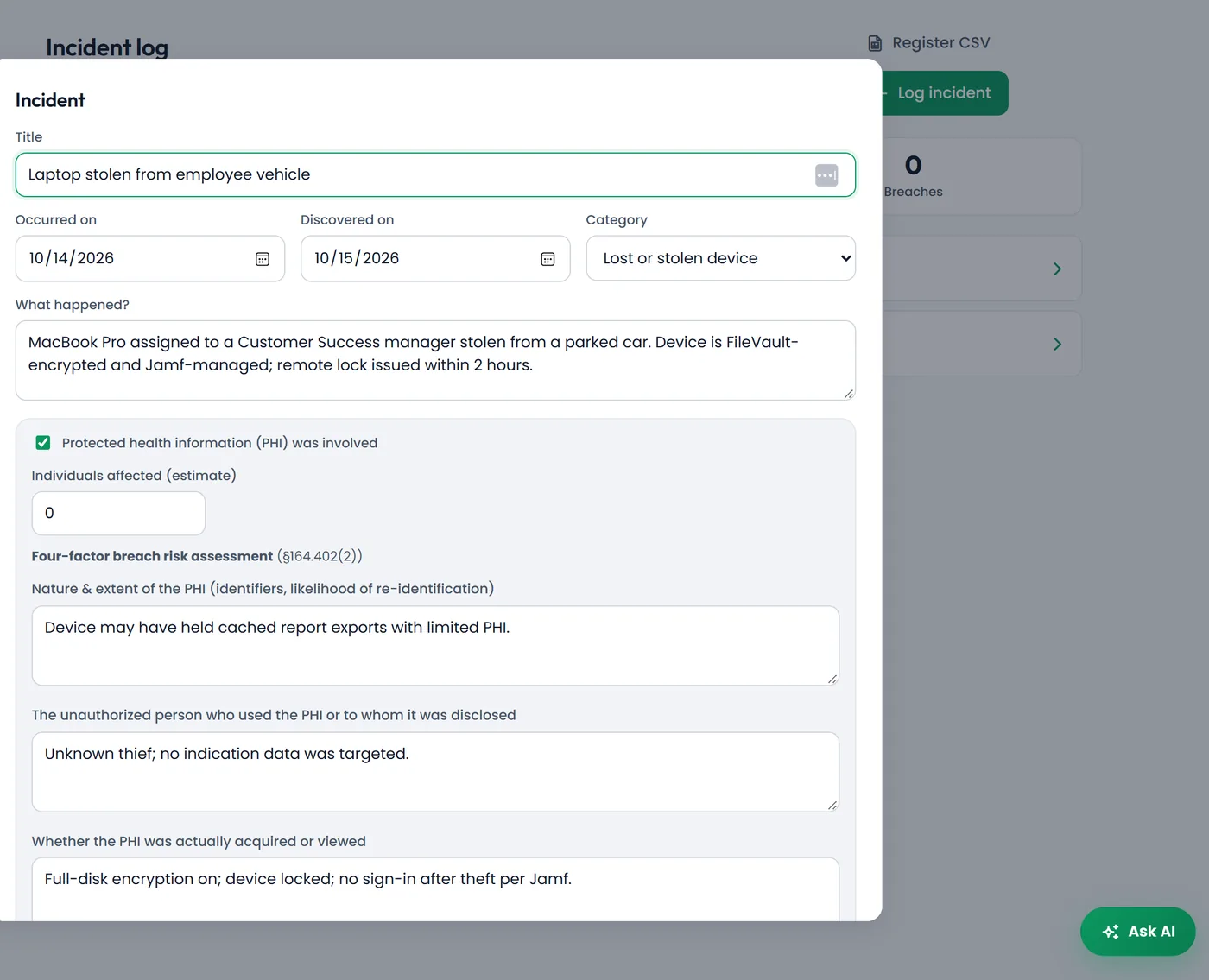 Incident log with a HIPAA four-factor breach risk assessment